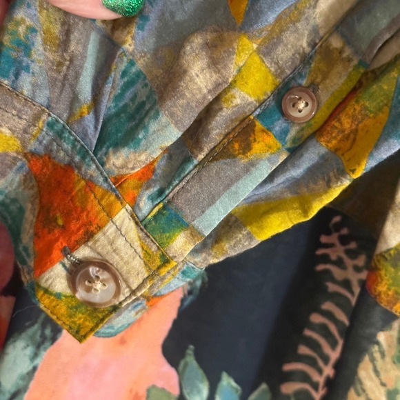 JOHN MARK Patchwork Geometric Floral Print Long Sleeve Shirt Dress Size L Birds - Picture 12 of 16